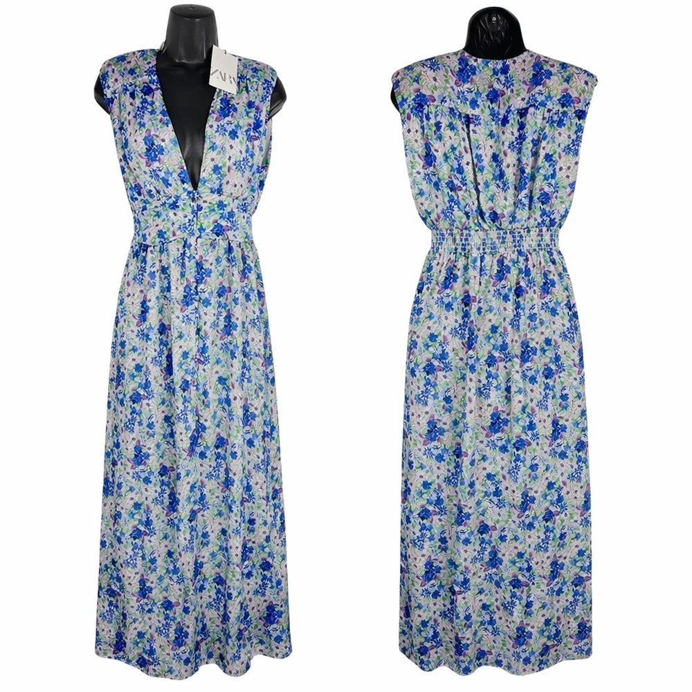 Zara Floral Babydoll Cottage Maxi Dress Flowy Romantic Sleeveless Deep‎ V Medium